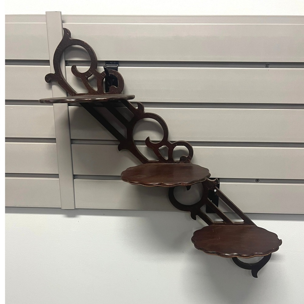 Vintage Wood Angled Wall Shelf 3-Tier Scalloped Carved Scrollwork Slanted Hanger